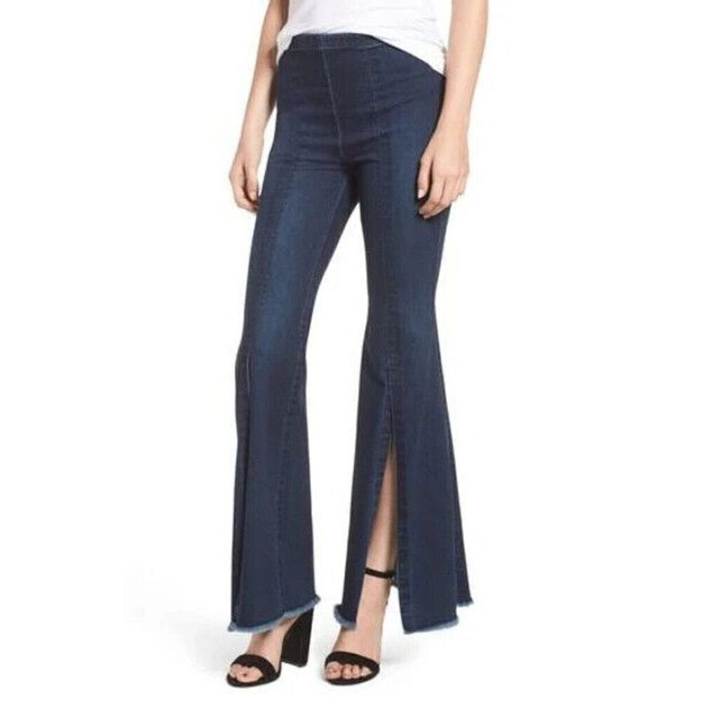 Bailey44 Khyber Pass Jeans Womens Small S Blue Slit Flare Raw Hem‎ Pull On Pants